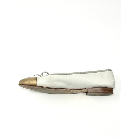 Chanel CC Cap Toe Ballet Flats Classic Kidskin Leather Cream Gold Bow EU 37.5 - Picture 6 of 15